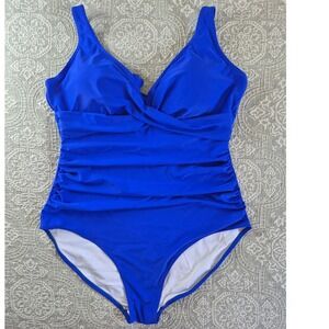 Eomenie Royal Blue Ruched One Piece Swimsuit Crossover V-Neck Plus Size 2XL NWT